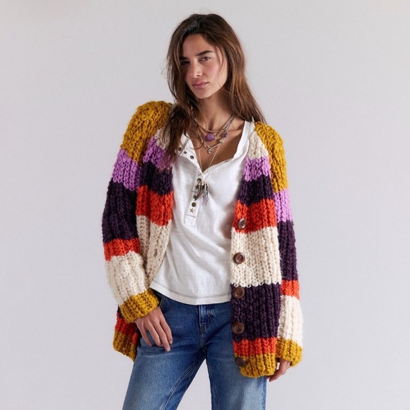 Free People Sweaters - Free People Myles High Colorful Striped Knit Cardigan Size XS